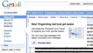 Pop-up box shows Gmail's new enhancement, Drag and Drop Labels